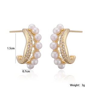 Elegant C-shaped 18K gold plated pearl stud earrings with a minimalist design