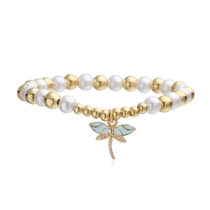 Bracelet en perles plaqué or 18 carats avec pendentif libellule bleue et cristaux