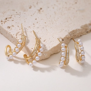 Elegant 18K Gold Plated Copper Faux Artificial Pearl Zirconia C Shaped Stud Earrings For Women Daily Wear Jewelry