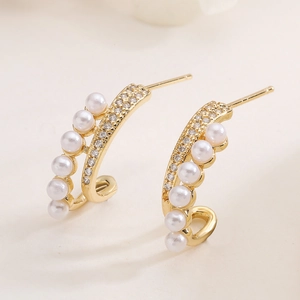 Elegant 18K gold plated hoop earrings with white pearls and sparkling zircon accents