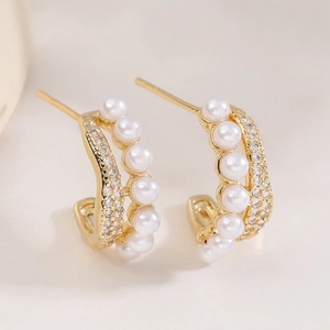 Elegant C-shaped 18K gold plated stud earrings with double row pearls and zircons