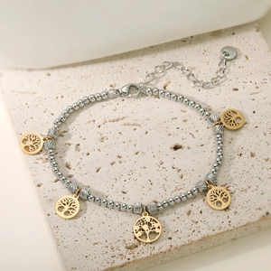Bracelet arbre de vie bicolore en acier inoxydable avec perles argent et or