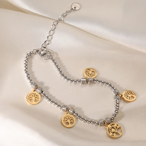 Bracelet arbre de vie en acier inoxydable bicolore avec perles argentées et dorées