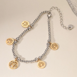 Bracelet Perles Arbre De Vie En Acier Inoxydable Or Argent Deux Tons Breloque Zircone Gourmette Pour Femmes Bijoux De Mode