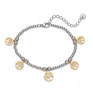 Bracelet de perles en zircone avec cinq pendentifs arbre de vie dorés sur chaîne acier