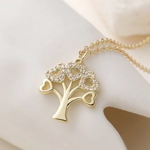 Collana Albero della Vita placcata oro con foglie a cuore e zirconi scintillanti