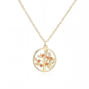 Elegante collana Albero della Vita placcata oro con zirconi arancioni e trasparenti