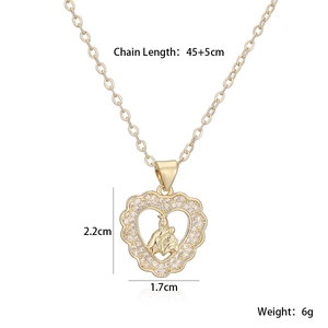 18K gold plated heart necklace with Virgin Mary pendant and cubic zirconia frame