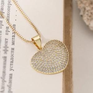Luxury gold-plated heart pendant necklace with micro-pave zircons and fine box chain