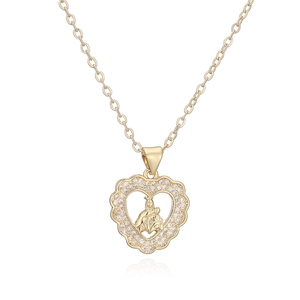 Gold plated heart pendant necklace with Virgin Mary relief and sparkling zircons