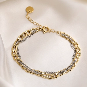 Elegant dual-layer 18K gold and silver stainless steel chain necklace with round pendant