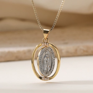 Collier vintage plaqué or 18 carats avec pendentif rotatif de la Vierge Marie et zircon