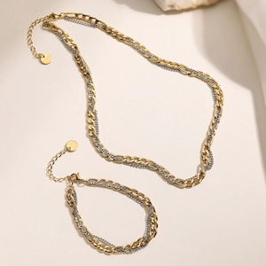 Two-tone 18K gold plated stainless steel necklace and bracelet set with chain links