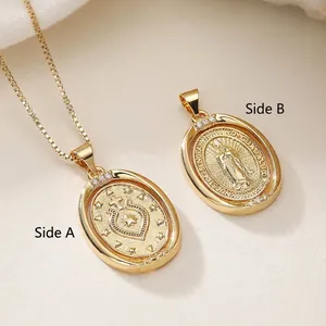 Collier médaille Vierge Marie double face plaqué or 18K avec zircons brillants