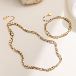 Minimalist 18K Gold Plated Stainless Steel Two Tone Chain Necklace And Bracelet For Women Fashion Jewelry Clavicle Chain Gift