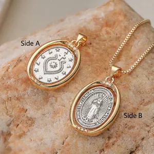 Collier Vierge Marie plaqué or 18 carats avec relief religieux cœur et étoile double face