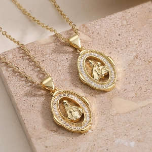 Vintage 18K Gold Plated Copper Virgin Mary Pendant Necklace With Zirconia Inlaid Religious Madonna Cross Chain For Women Jewelry Gift
