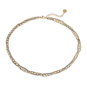 Detailed view of two-tone stainless steel chain necklace with extension and S.STEEL tag