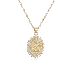 Collier médaille Marie vintage plaqué or 18K avec perles et cristaux de zircon
