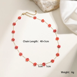 Fashionable stainless steel gold chain necklace with red beaded flower charm, 40+5cm length
