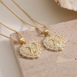 18K Vergoldete Kupfer Herz Halskette Mit Zirkon Und Künstliche Perle Jungfrau Maria Engel Anhänger Vintage Schlüsselbein Schmuck Damen