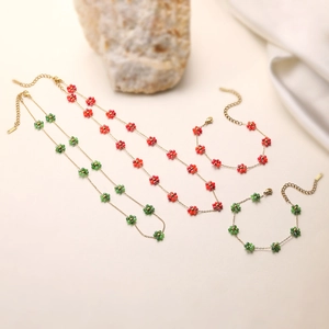 Floral beaded stainless steel necklace and bracelet set with gold chain for women