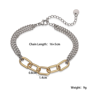 Two-tone silver and 18K gold plated stainless steel chain bracelet for women
