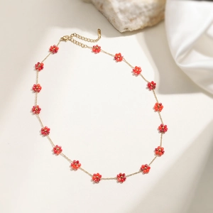 Stainless Steel Beaded Flower Pendant Necklace For Women Gold Plated Dainty Floral Bead Choker Commuter Fashion Jewelry