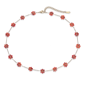 Beaded stainless steel necklace with delicate red flower charms for women