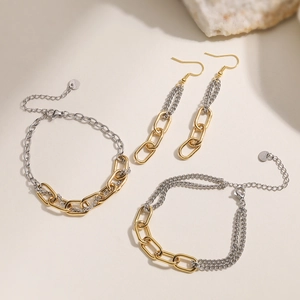 Two-tone Stainless Steel Color Blocking Chain Bracelet Earrings For Women Minimalist Geometric Fashion Jewelry Set Daily Commuting Accessary