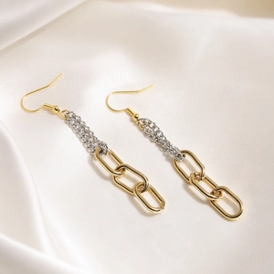 Two-tone 18K gold plated stainless steel long chain drop earrings on white silk