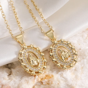 Vintage Cuivre Plaqué Or 18K Vierge Marie Pendentif Ovale Collier Zirconia Religieux Cœur Collier Chaîne Bijoux pour Femme
