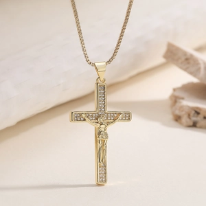 Luxe Vergulde Koperen Kruisbeeld Hanger Ketting Voor Vrouwen Zirconia Ingelegde Jezus Kruis Box Ketting Religieuze Sieraden