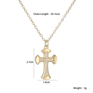 Detail view of 18K gold plated cross pendant necklace with zirconia and dimensions