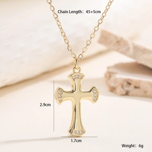 Macro view of 18K gold plated cross pendant with zircon stones and size specifications