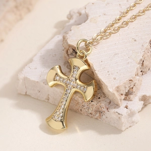 Minimalist 18K gold plated cross pendant necklace with sparkling zircon pavé on stone