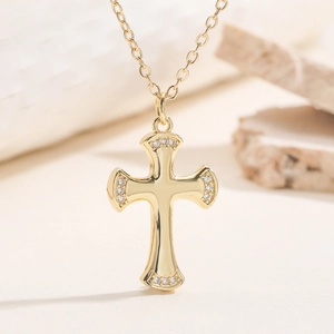 Minimalist 18K gold plated cross pendant necklace with sparkling zircon stones for women