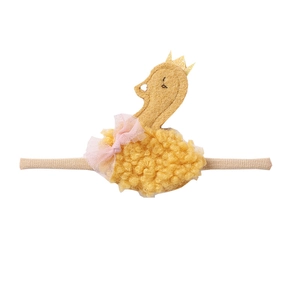 Soft baby nylon headband with plush yellow swan, gold crown and pink mesh bow design