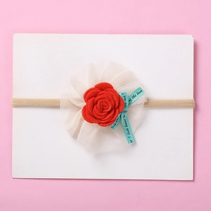 Baby headband set featuring a red felt rose flower with white mesh on soft nylon strap