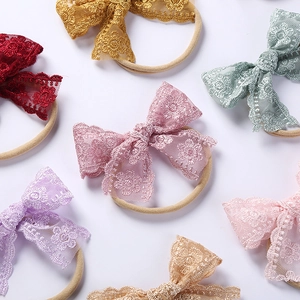 Nylon baby headbands with delicate lace embroidery butterfly bows in assorted colors