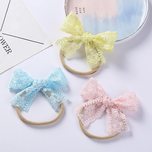 Baby Girls Lace Embroidery Bow Headband Soft Nylon Elastic Hair Band Floral Hollow Hair Accessories For Toddler Infants