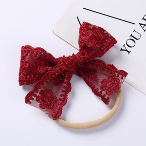 Red lace embroidered floral bow headband for babies with soft nylon elastic band