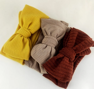 Three-piece set of large double-layered bow headbands for babies in waffle and ribbed knit