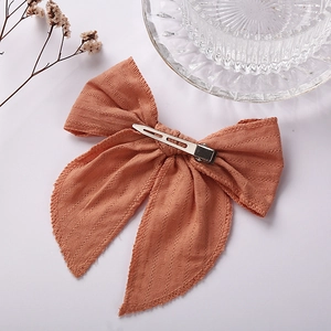 6 inch terracotta jacquard cotton oversized bow hair clip with silver metal duckbill clip