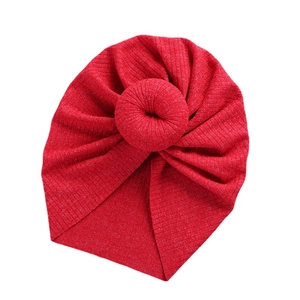 Spring red baby knit turban hat with stylish donut knot and ribbed texture fabric