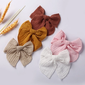 Kids Oversized Muslin Bow Hair Clip Handmade Double Layer Jacquard Cotton Hairpin Solid Color Hair Accessories For Girls Women Daily Wear