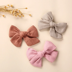 Barrettes à nœuds en lin et coton pour filles en tons terreux rose poudré et gris