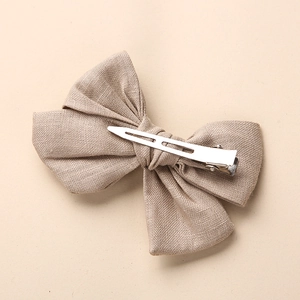 Barrette à cheveux nœud en lin et coton pour filles avec clip crocodile en métal argenté