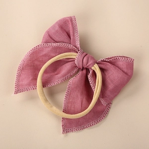 Handmade linen bow baby headband with embroidery edge and high elastic soft nylon band
