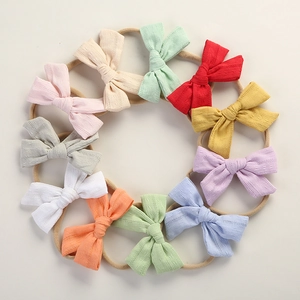 Set of 10 colorful handmade cotton bow headbands for babies with high elastic nylon bands
